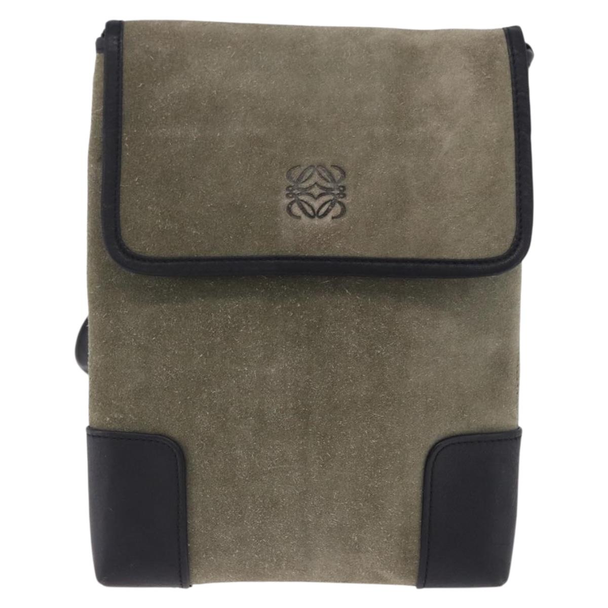 LOEWE Anagram Shoulder Bag Suede Khaki Black Auth BA15386
