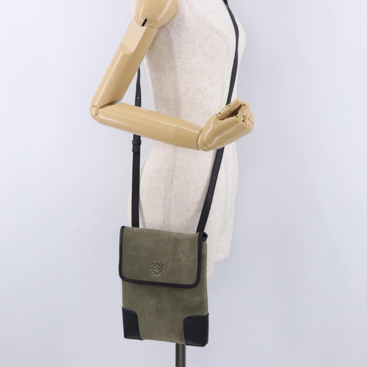 LOEWE Anagram Shoulder Bag Suede Khaki Black Auth BA15386