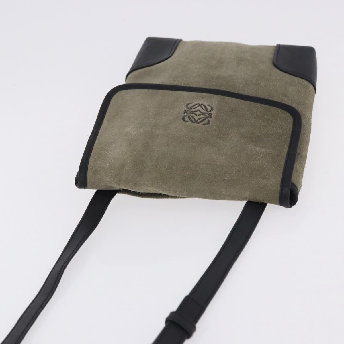 LOEWE Anagram Shoulder Bag Suede Khaki Black Auth BA15386