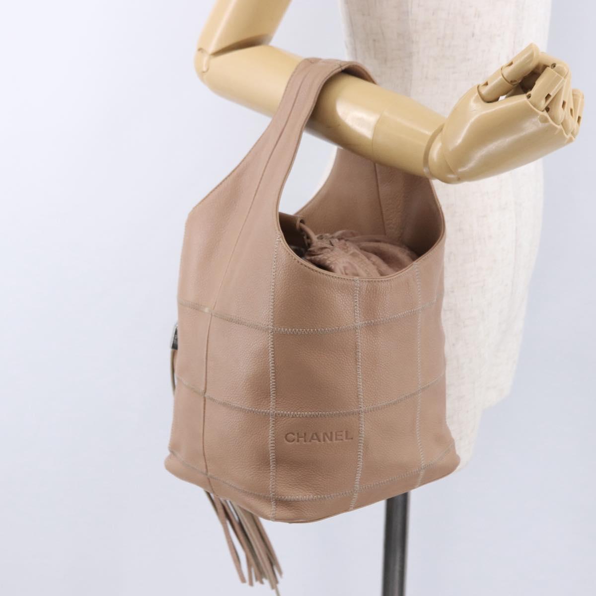 CHANEL Chocolate Bar Drawstring Bag Lamb Skin Beige Silver CC Auth BA15389V
