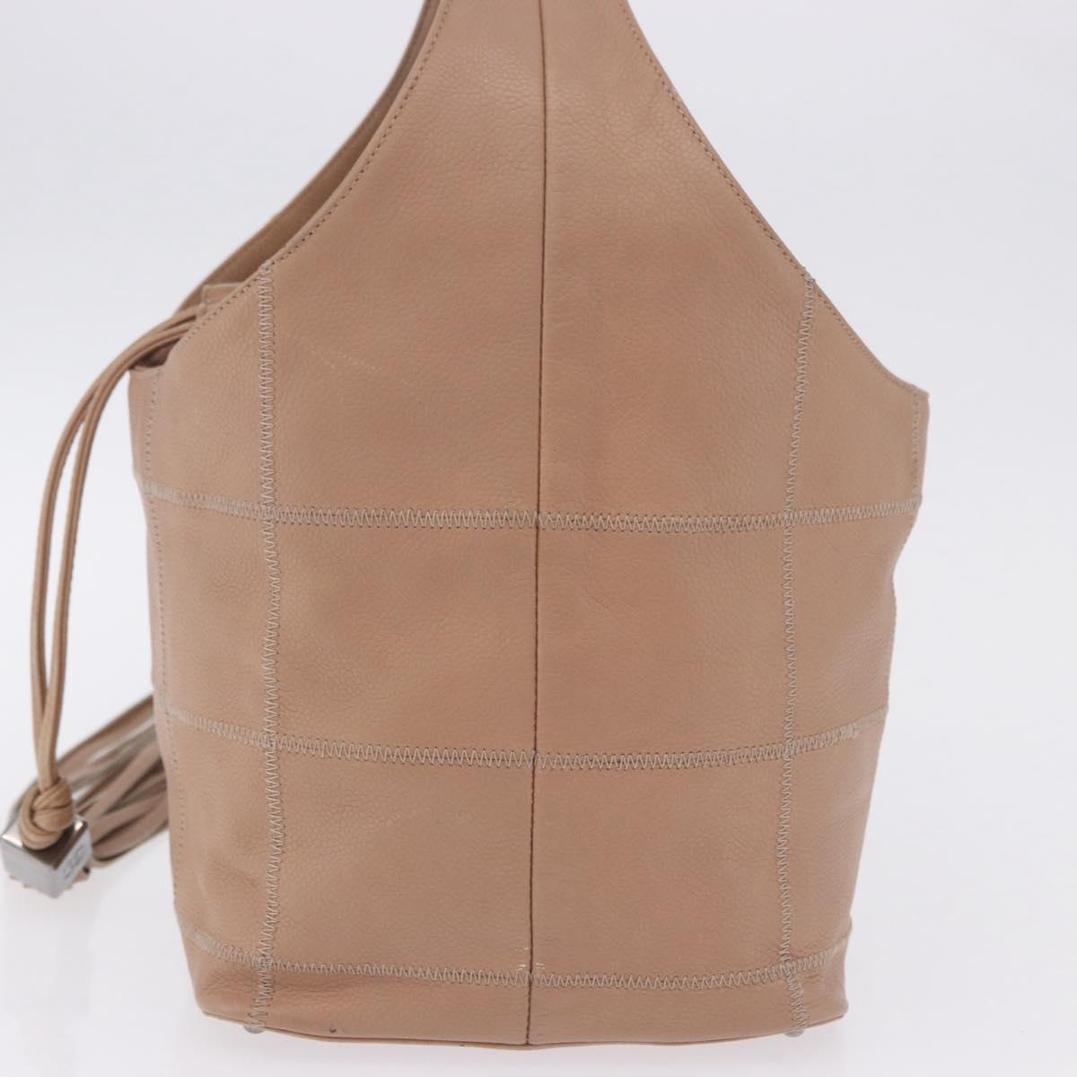 CHANEL Chocolate Bar Drawstring Bag Lamb Skin Beige Silver CC Auth BA15389V