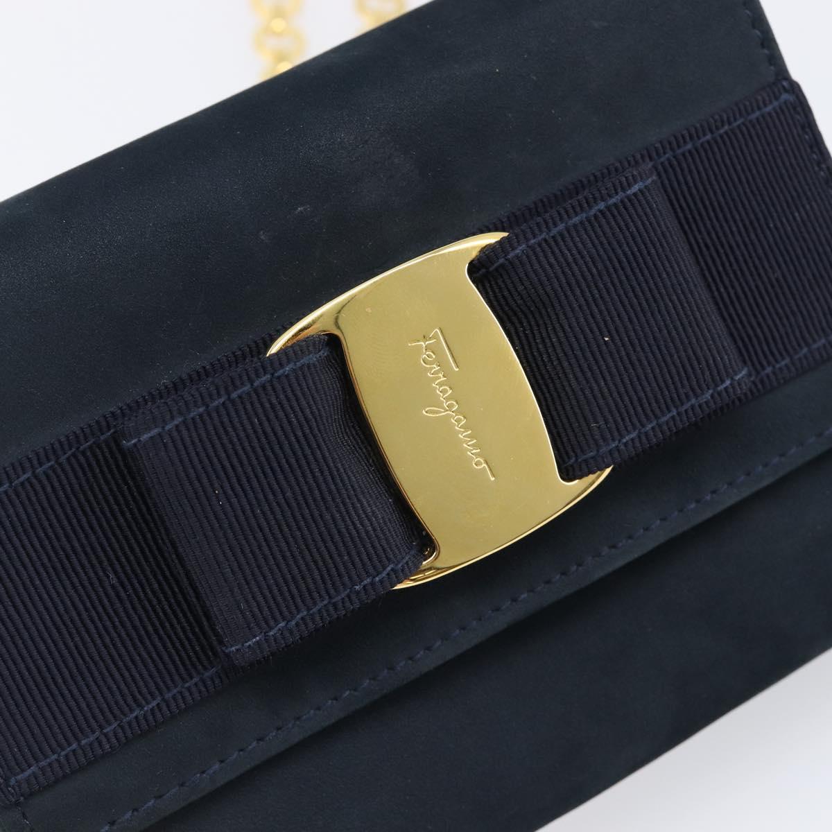 Salvatore Ferragamo Vala Ribbon Chain Shoulder Bag Suede Navy Gold Auth BA15397