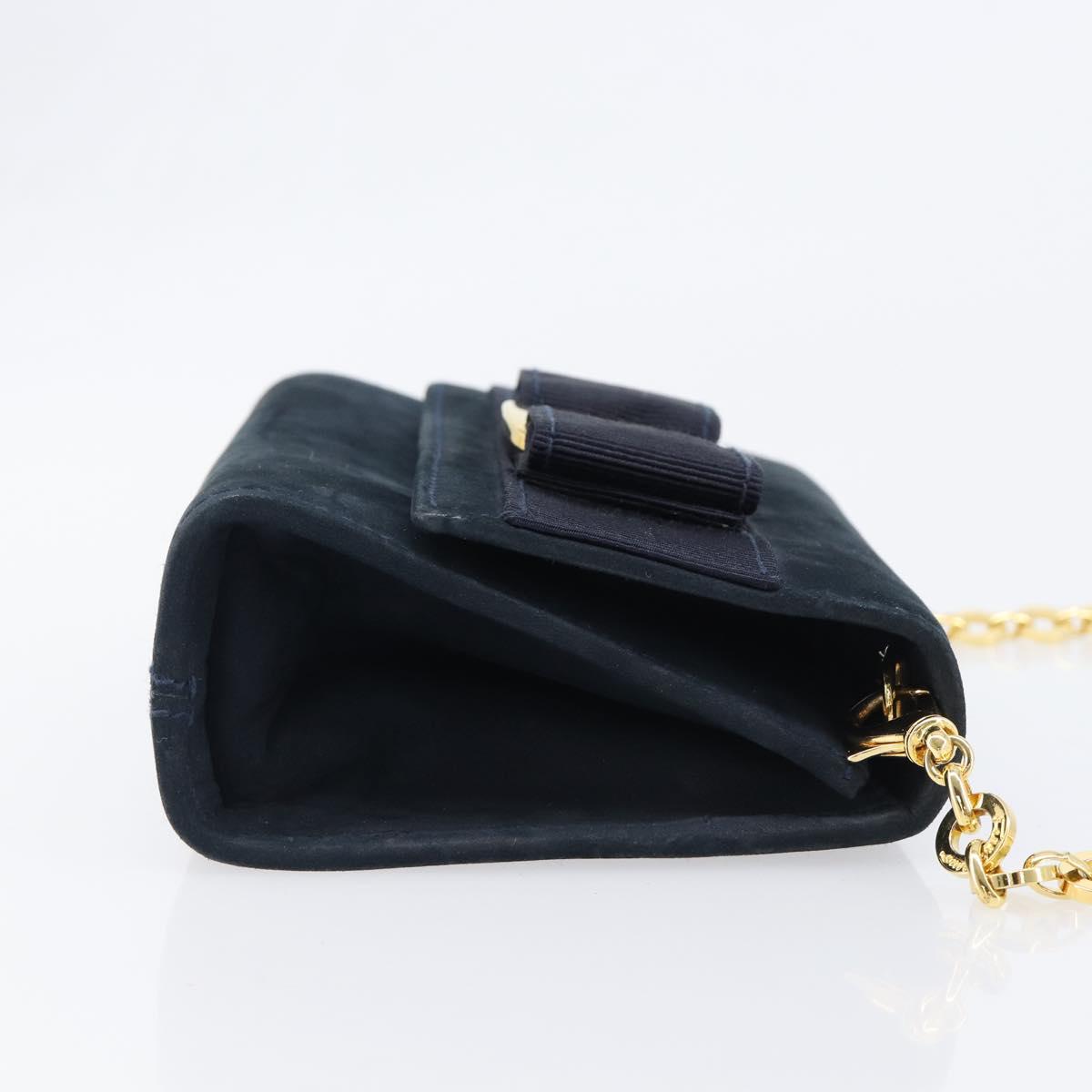 Salvatore Ferragamo Vala Ribbon Chain Shoulder Bag Suede Navy Gold Auth BA15397