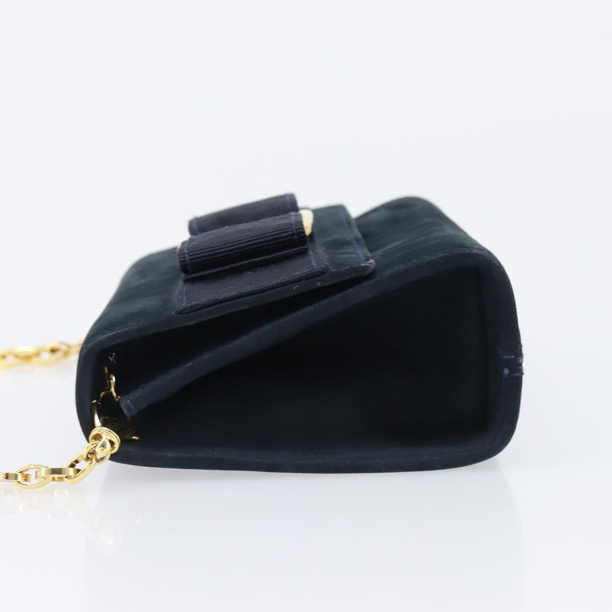 Salvatore Ferragamo Vala Ribbon Chain Shoulder Bag Suede Navy Gold Auth BA15397