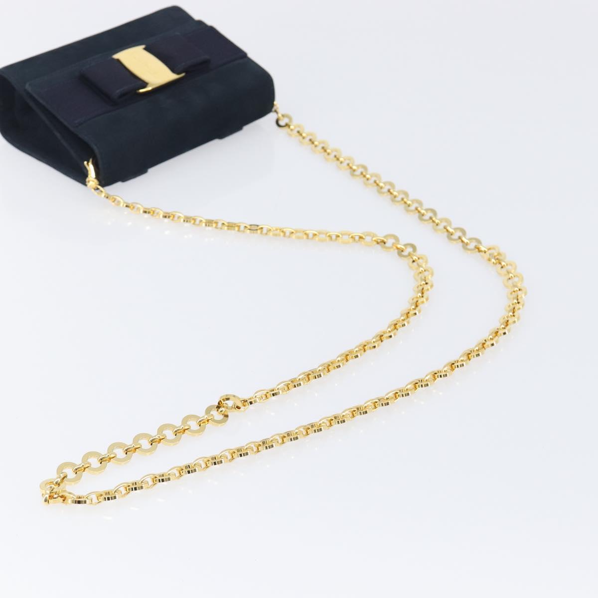 Salvatore Ferragamo Vala Ribbon Chain Shoulder Bag Suede Navy Gold Auth BA15397