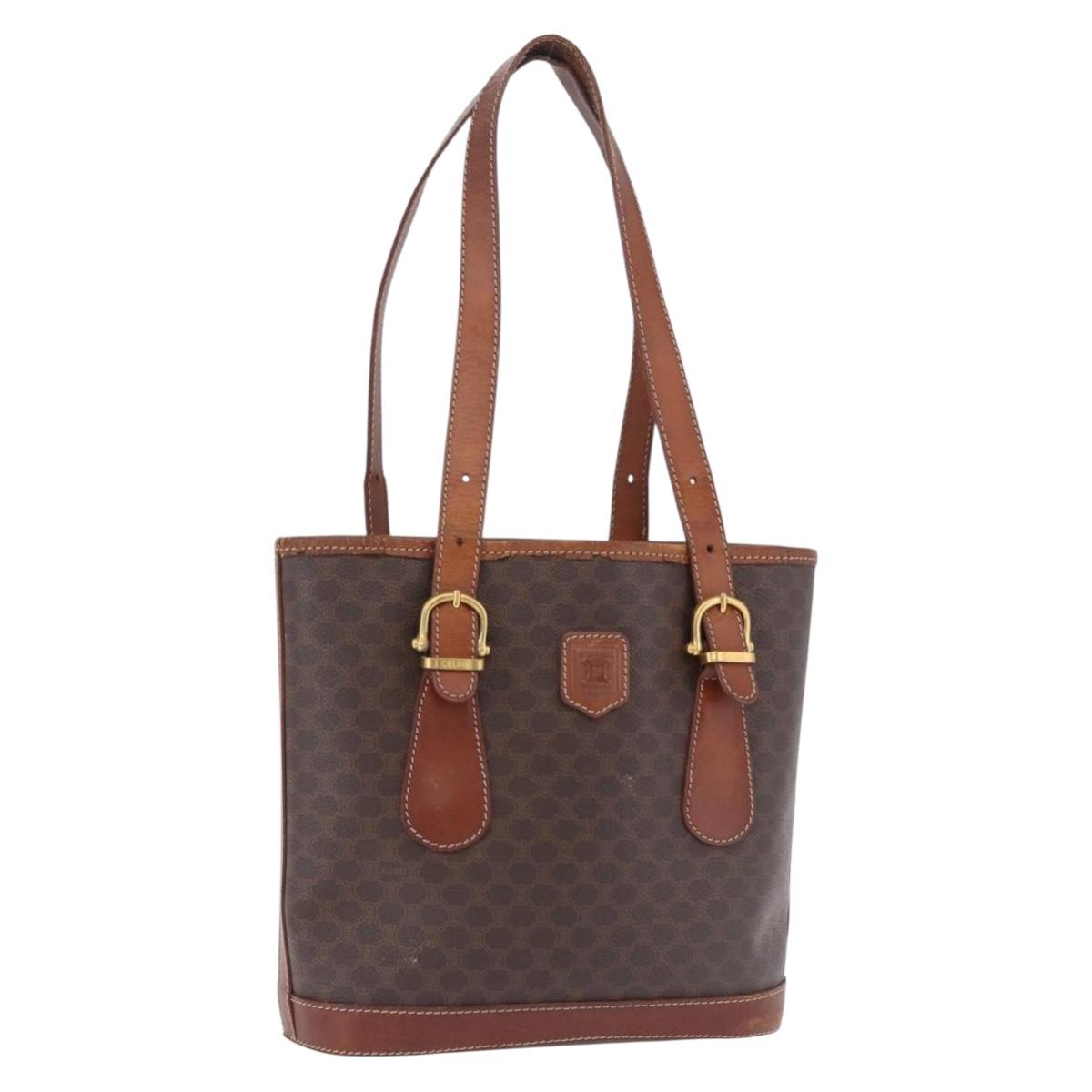 CELINE Macadam Tote Bag PVC Leather Brown Gold Tone Auth BA15400
