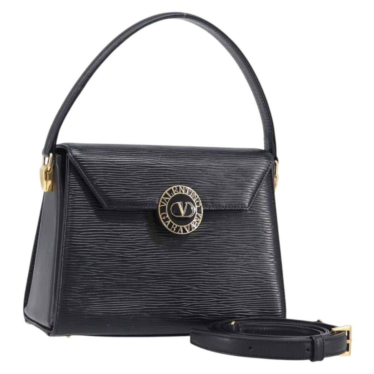 VALENTINO Hand Bag Leather 2way Black Gold Tone Auth BA15401A