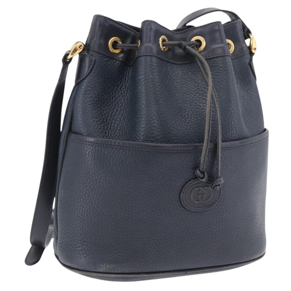 GUCCI Shoulder Bag Leather Navy Gold Tone 001 39 0791 Auth BA15410