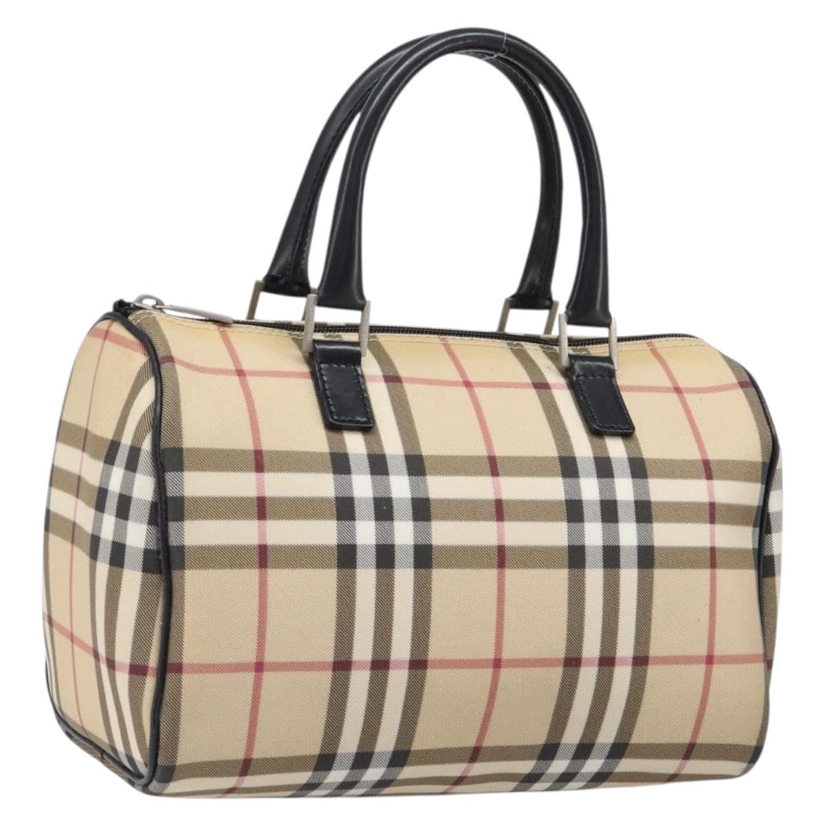 BURBERRY Nova Check Hand Bag PVC Leather Beige Silver Auth BA15411