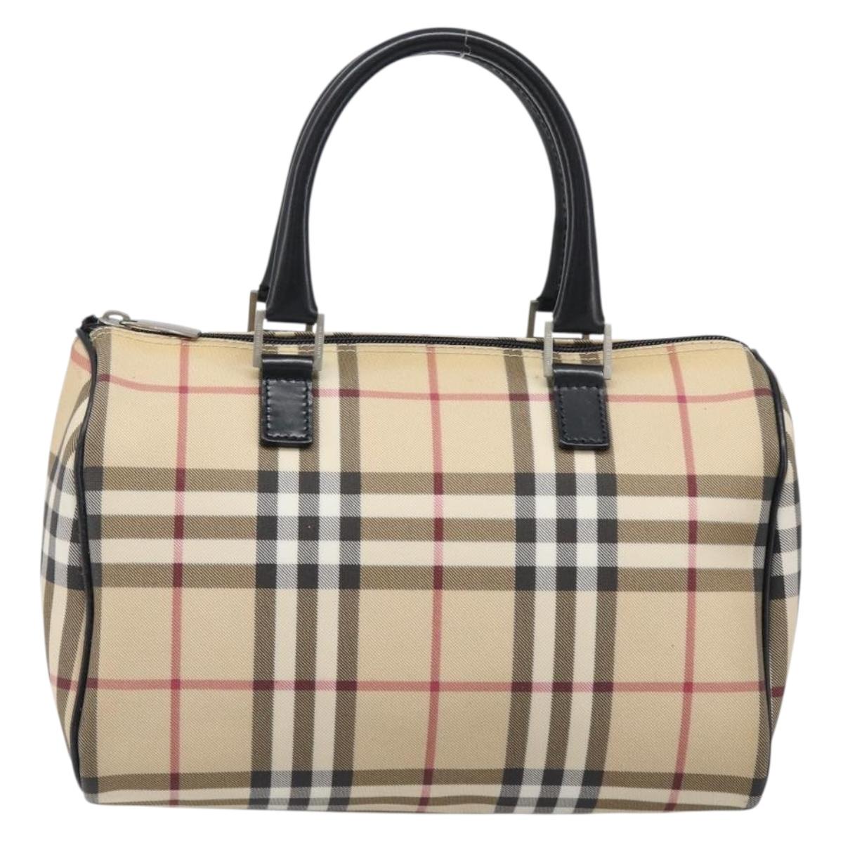 BURBERRY Nova Check Hand Bag PVC Leather Beige Silver Auth BA15411