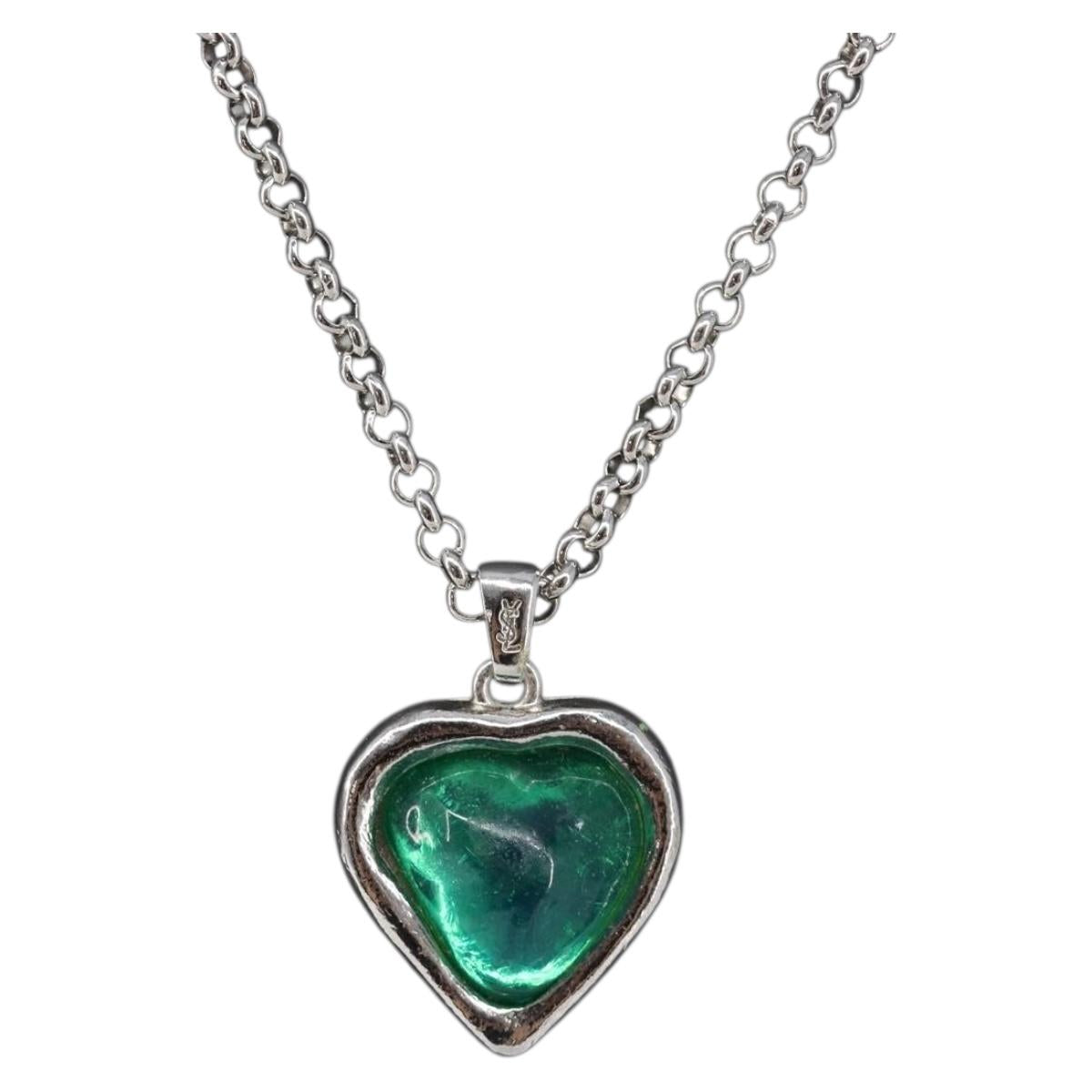 SAINT LAURENT Necklace Metal Silver Green Auth BA15462