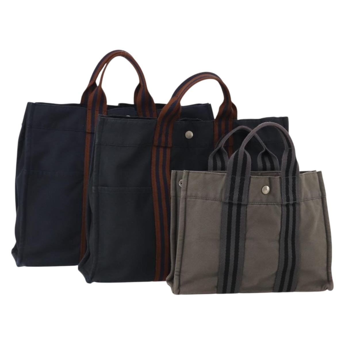 HERMES Fourre Tout Hand Bag Cotton 3 Set Navy Gray Auth BA15471