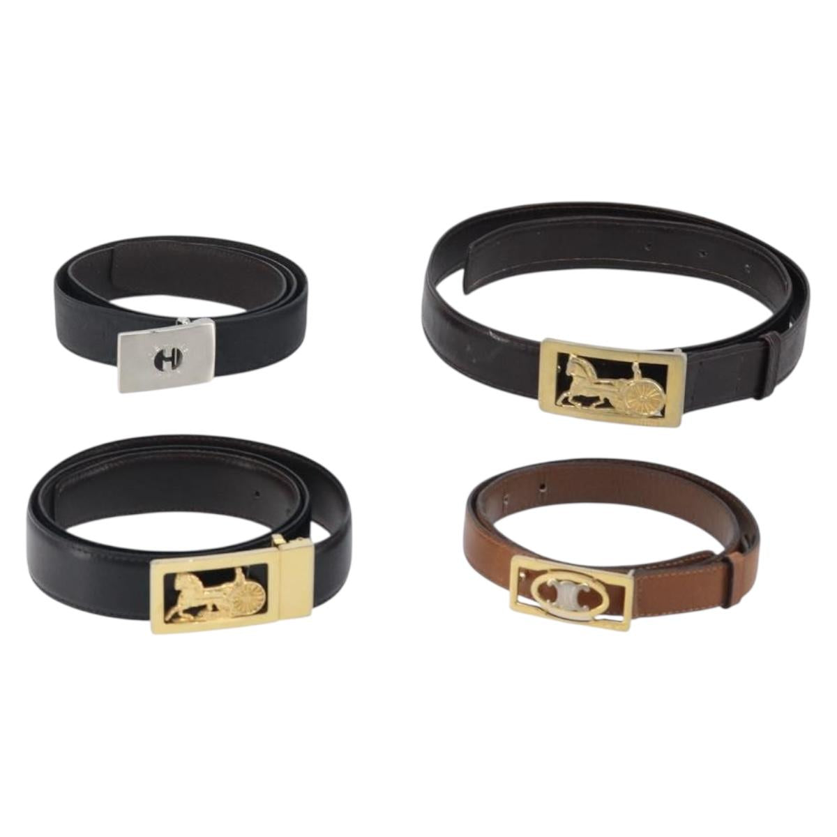 CELINE Belt Leather 5 Set Brown Gold Tone Silver Auth BA15477