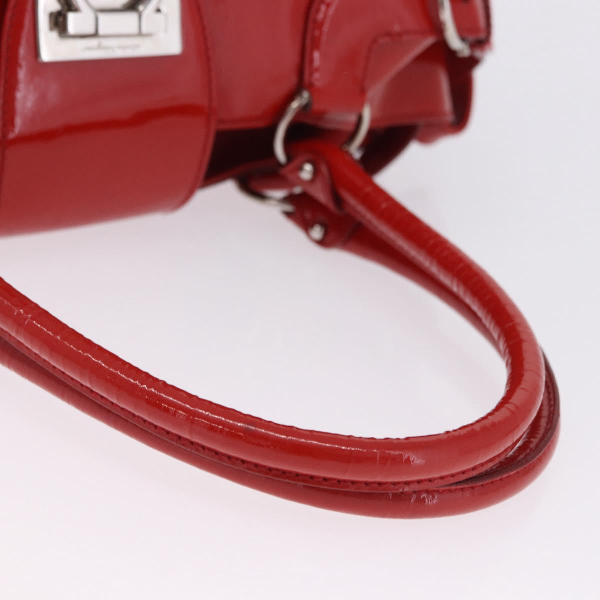 Salvatore Ferragamo Gancini Hand Bag patent Red Silver Auth BA15486