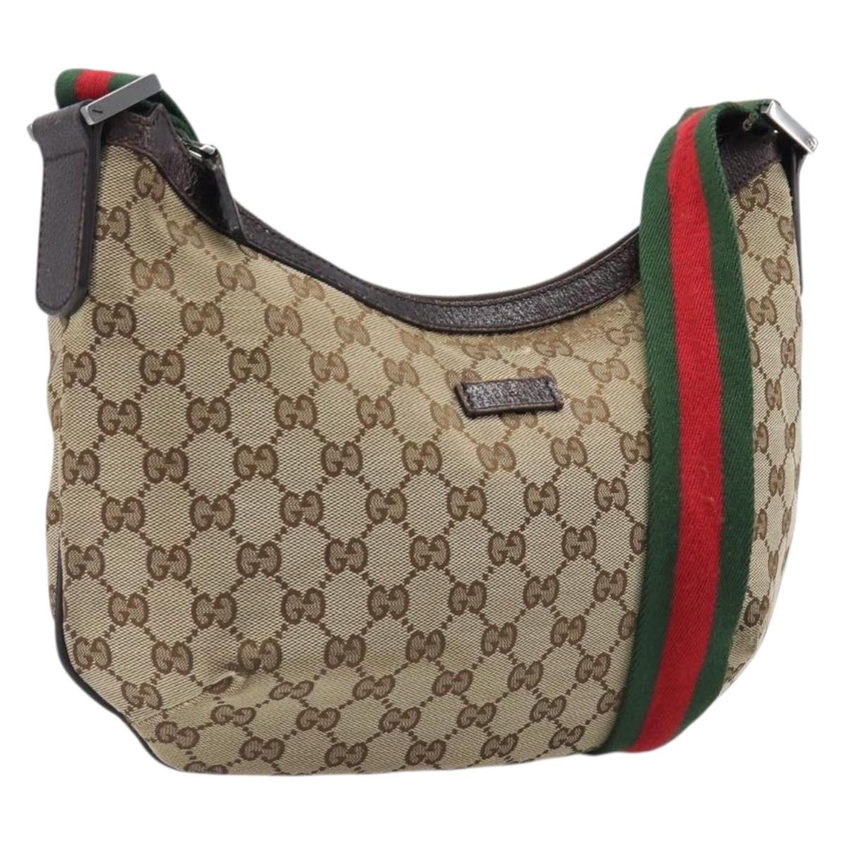 GUCCI GG Canvas Web Sherry Line Shoulder Bag Beige Silver 181092 Auth BA15488