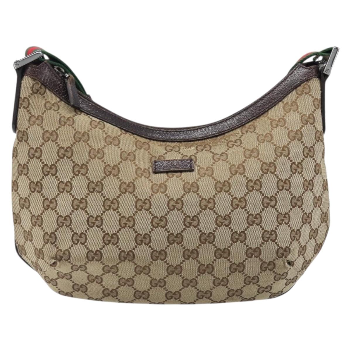 GUCCI GG Canvas Web Sherry Line Shoulder Bag Beige Silver 181092 Auth BA15488