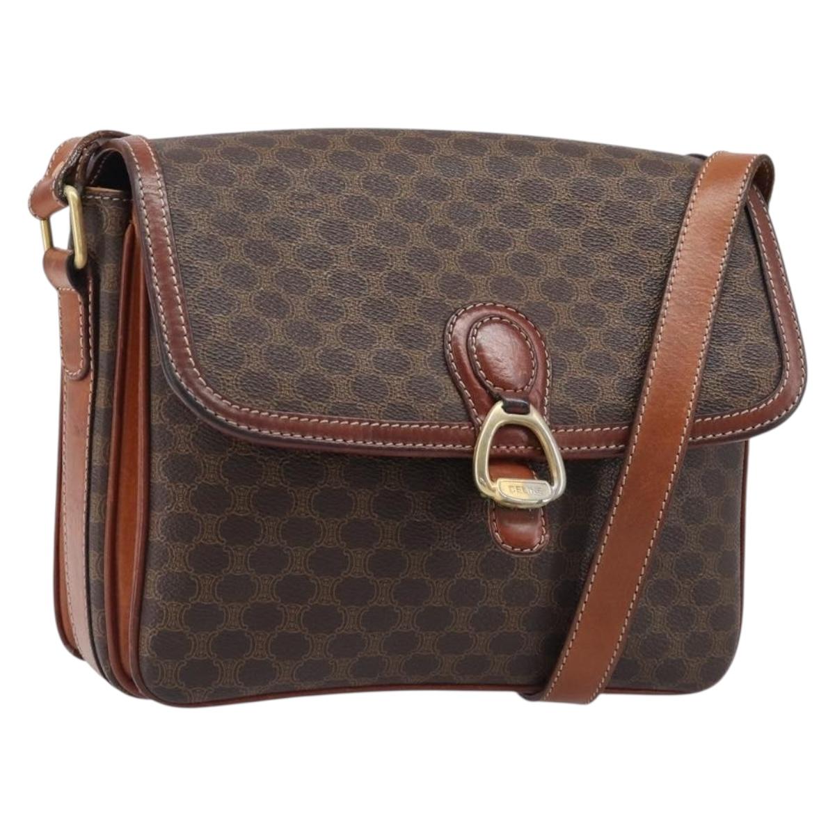 CELINE Macadam Shoulder Bag PVC Leather Brown Gold Tone Auth BA15489