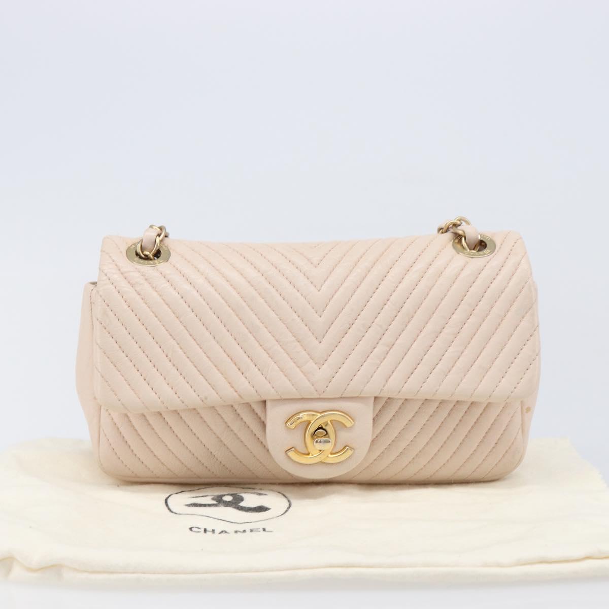 CHANEL V-stitched Chain Shoulder Bag Lamb Skin Ivory Gold Tone CC Auth BA15491V
