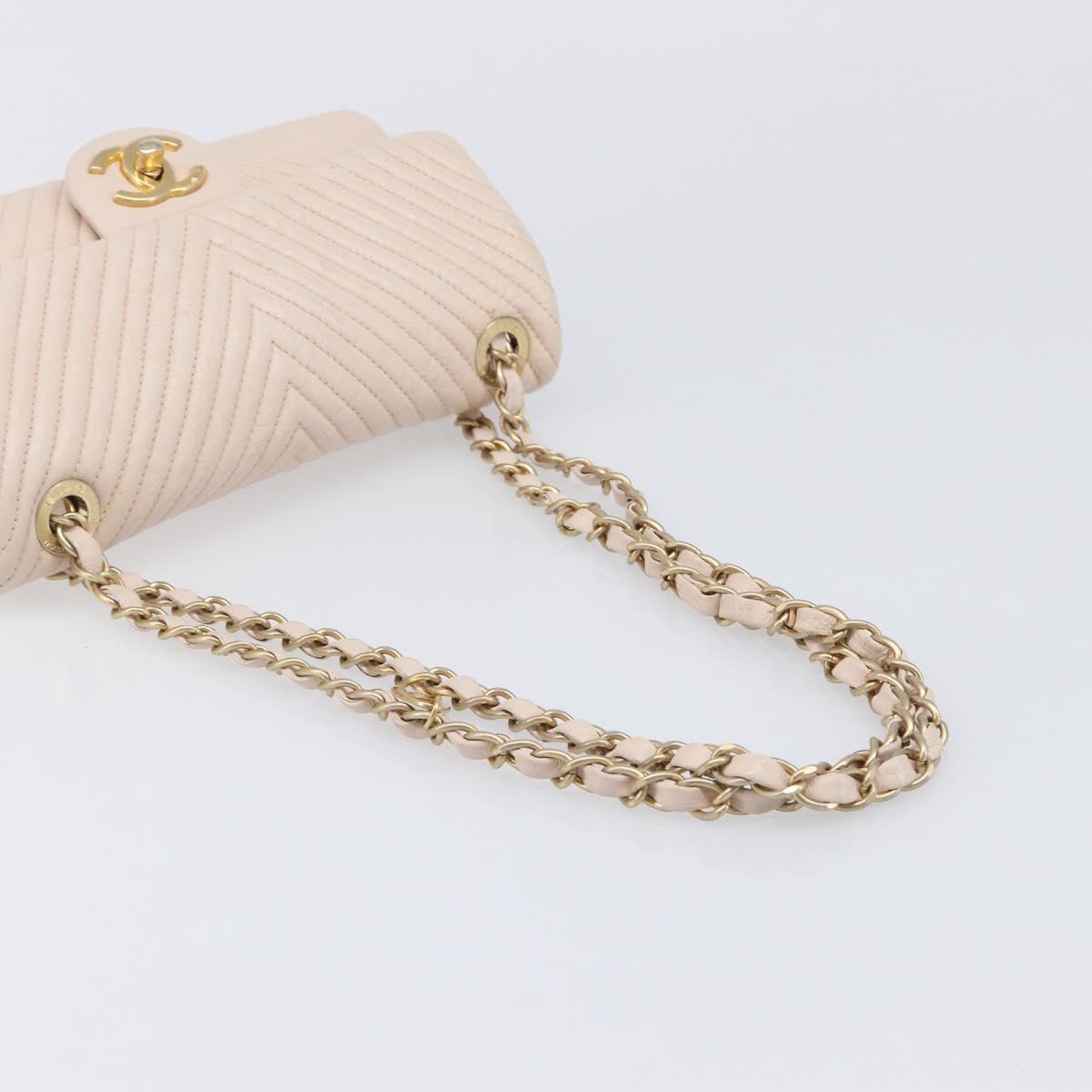 CHANEL V-stitched Chain Shoulder Bag Lamb Skin Ivory Gold Tone CC Auth BA15491V