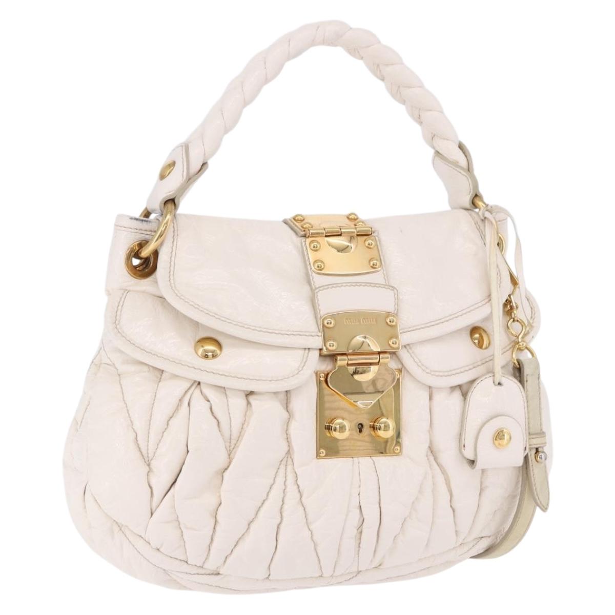 Miu Miu Matelasse Hand Bag Patent 2way White Gold Tone Auth BA15492A