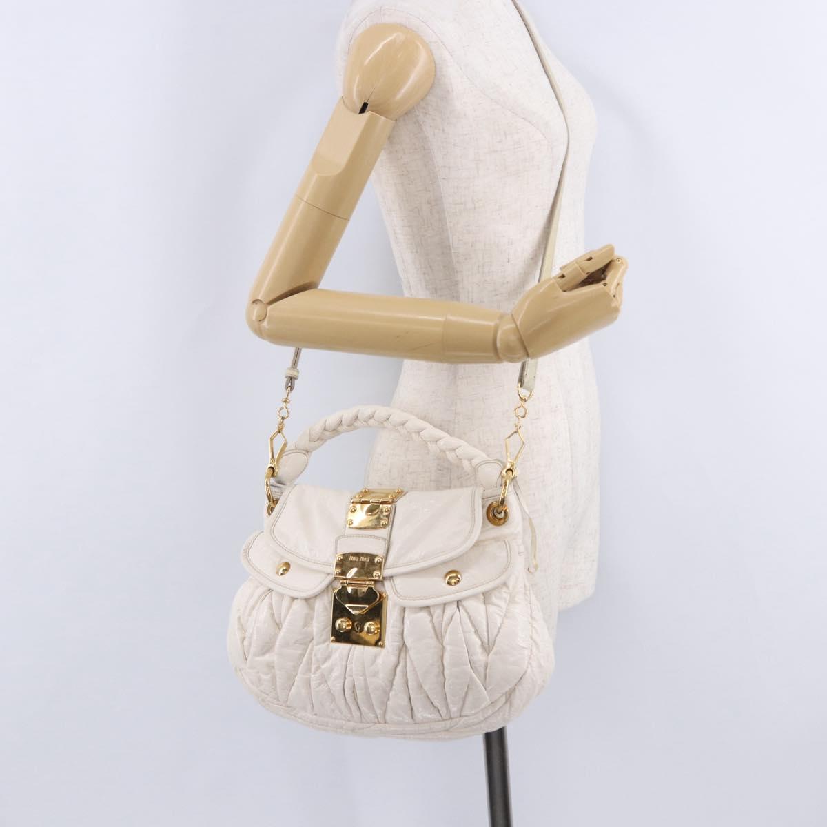 Miu Miu Matelasse Hand Bag Patent 2way White Gold Tone Auth BA15492A