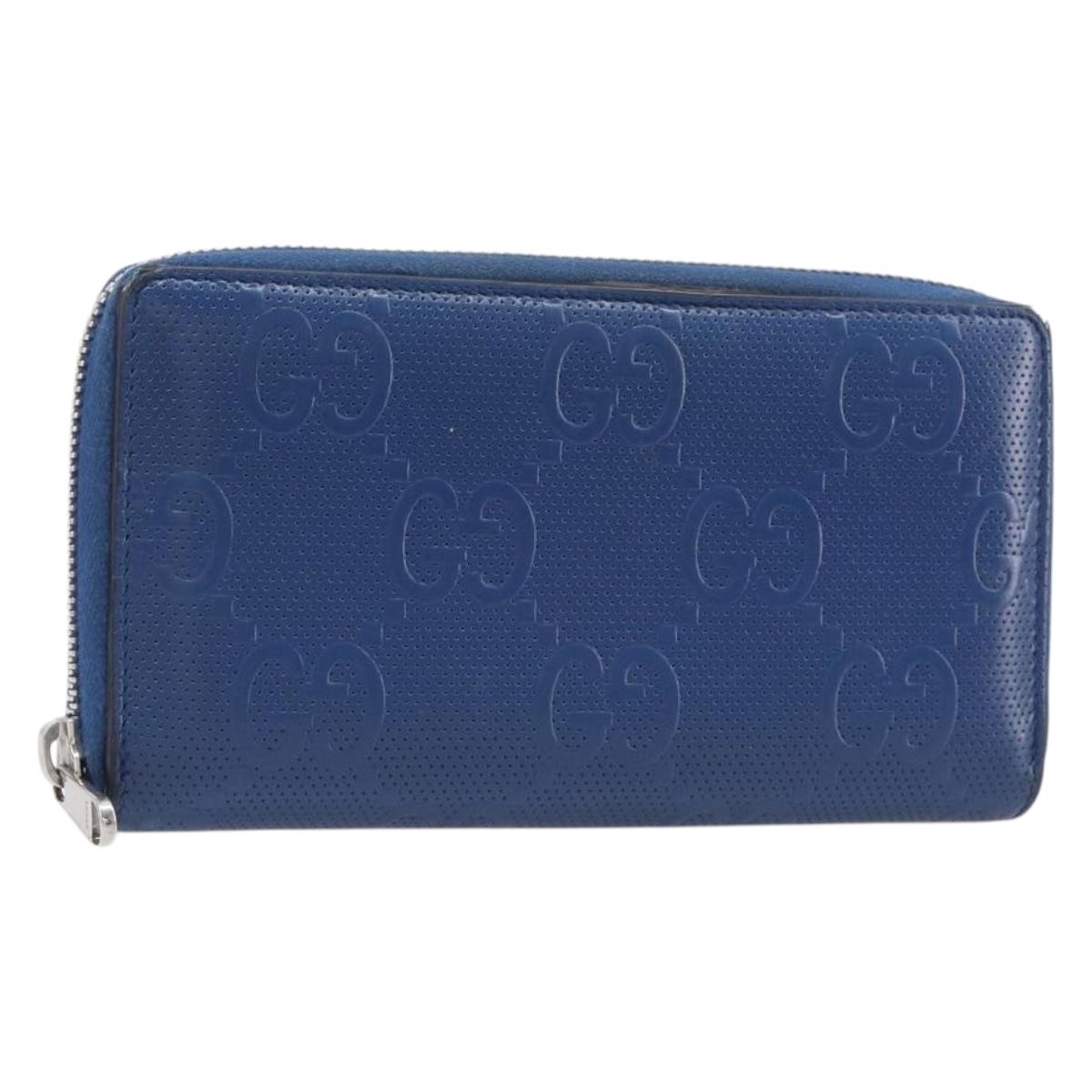 GUCCI GG emboss Long Wallet Leather Blue Silver 625558 Auth BA15502