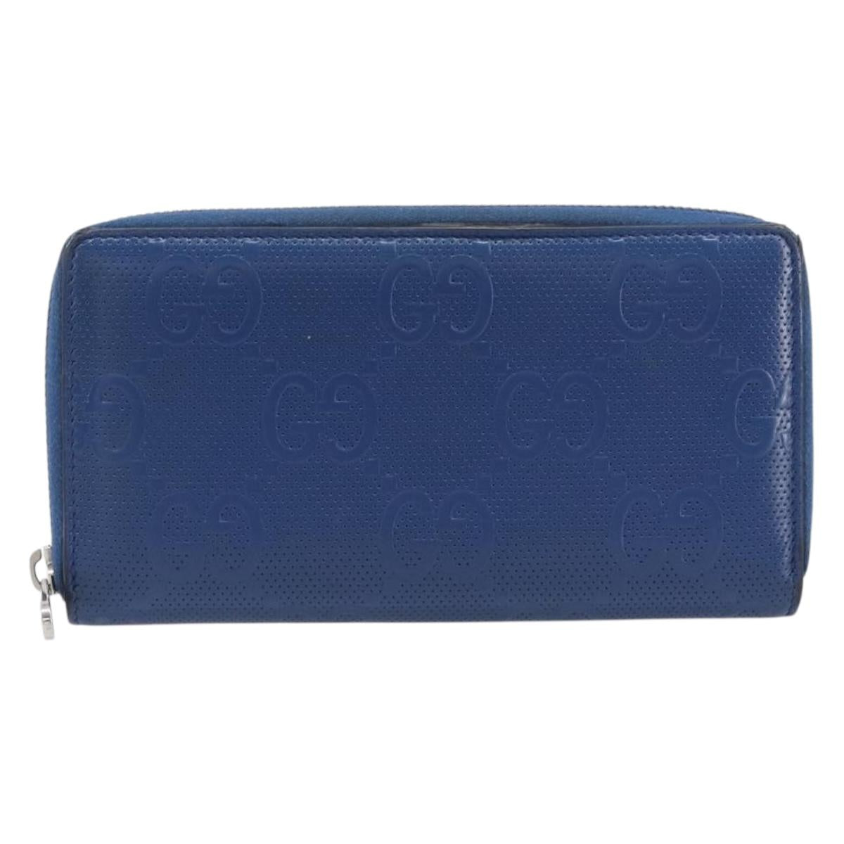 GUCCI GG emboss Long Wallet Leather Blue Silver 625558 Auth BA15502