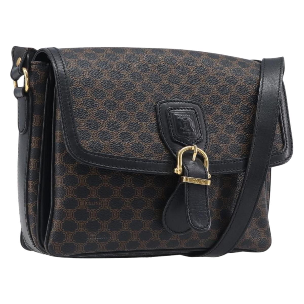 CELINE Macadam Shoulder Bag PVC Leather Black Gold Tone Auth BA15505