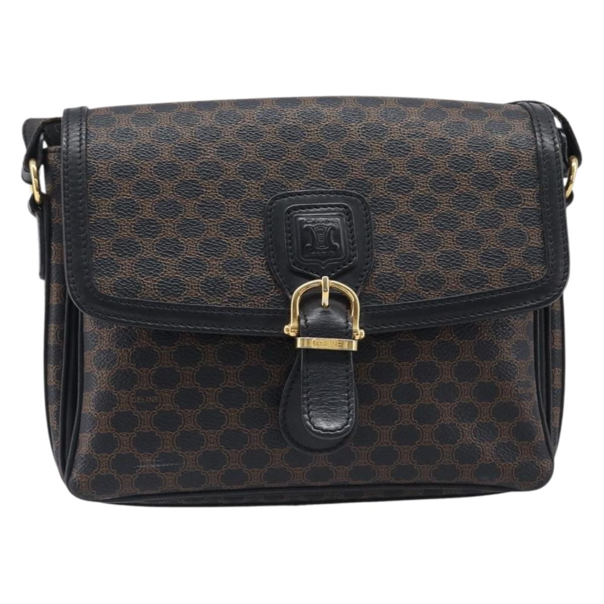 CELINE Macadam Shoulder Bag PVC Leather Black Gold Tone Auth BA15505