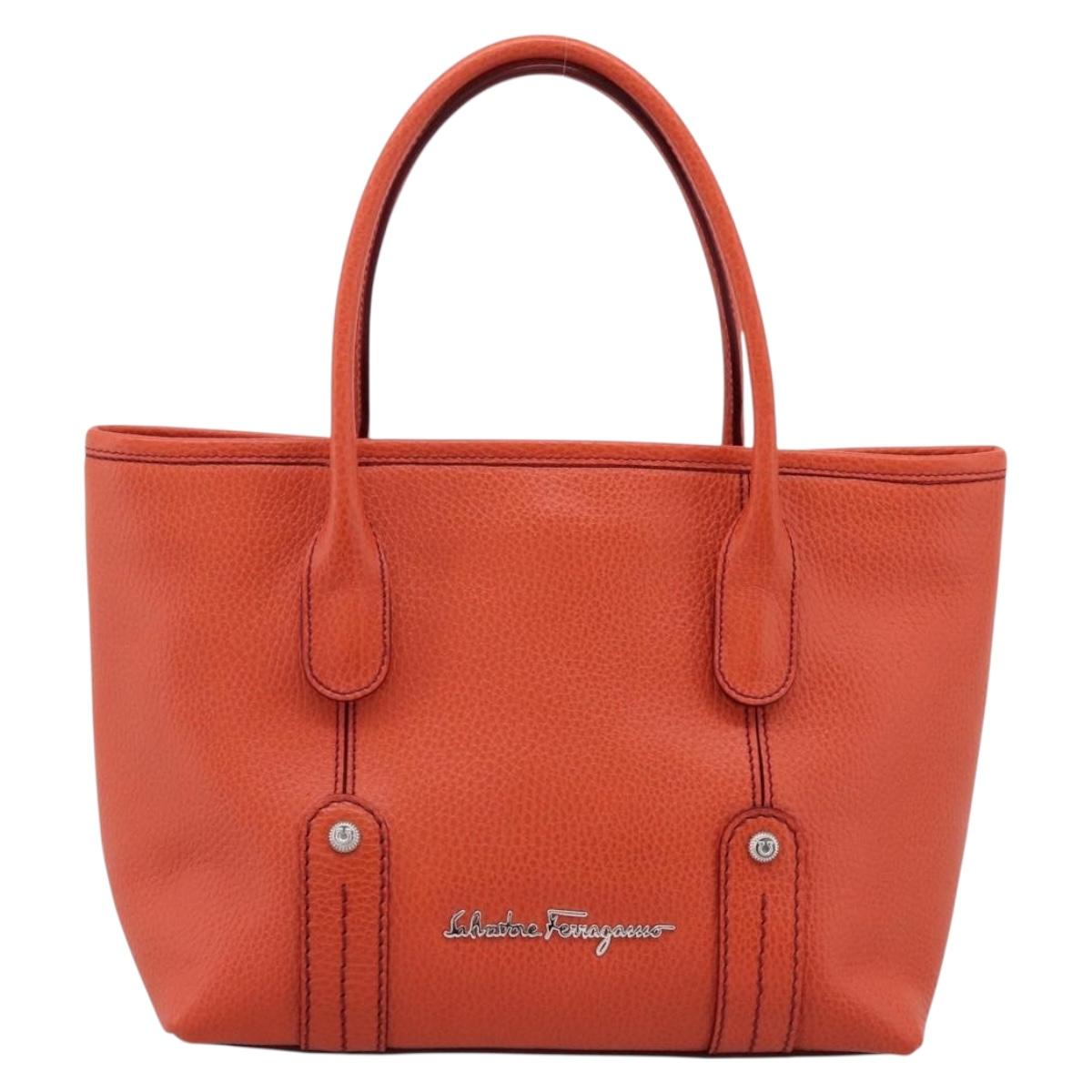 Salvatore Ferragamo Hand Bag Leather Orange Silver Auth BA15525A