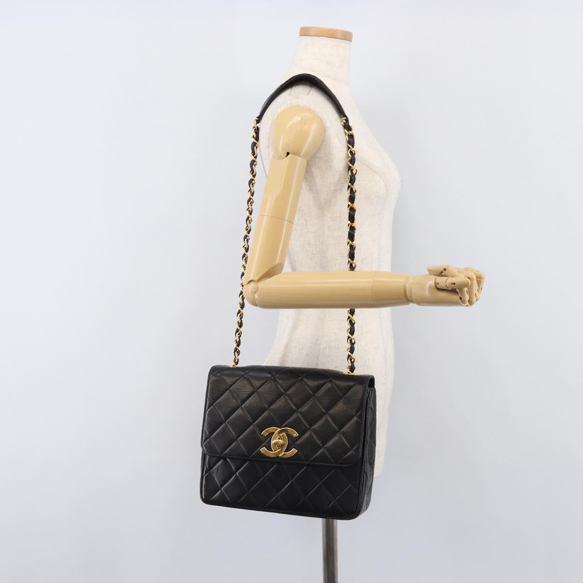 CHANEL Matelasse Chain Shoulder Bag Lamb Skin Black Gold Tone CC Auth BA15526SAV