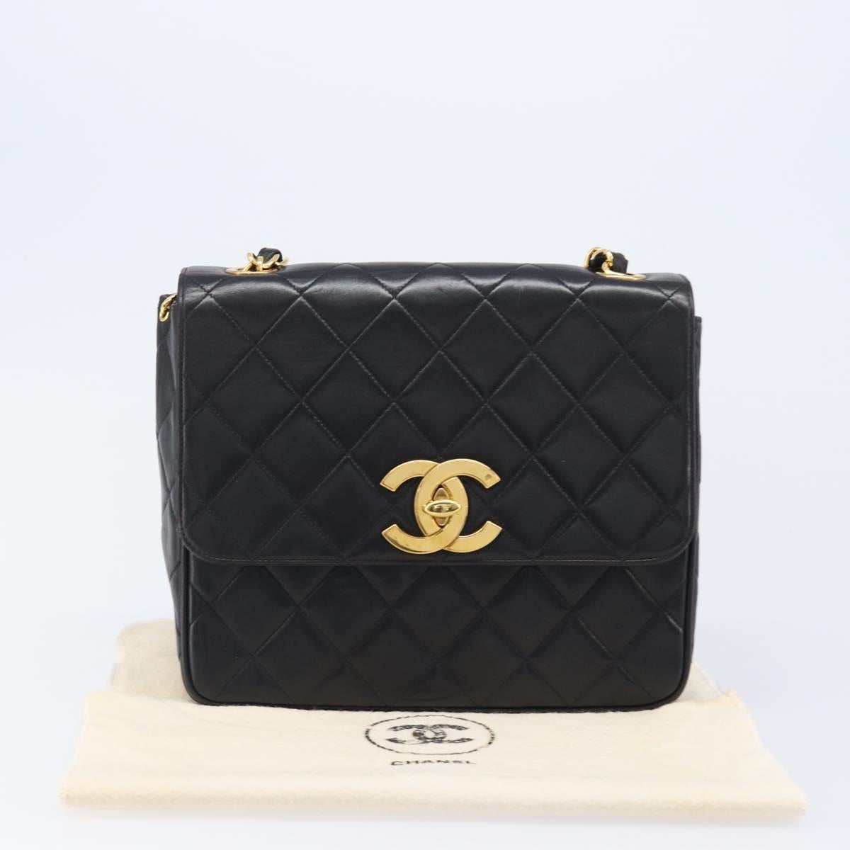 CHANEL Matelasse Chain Shoulder Bag Lamb Skin Black Gold Tone CC Auth BA15526SAV