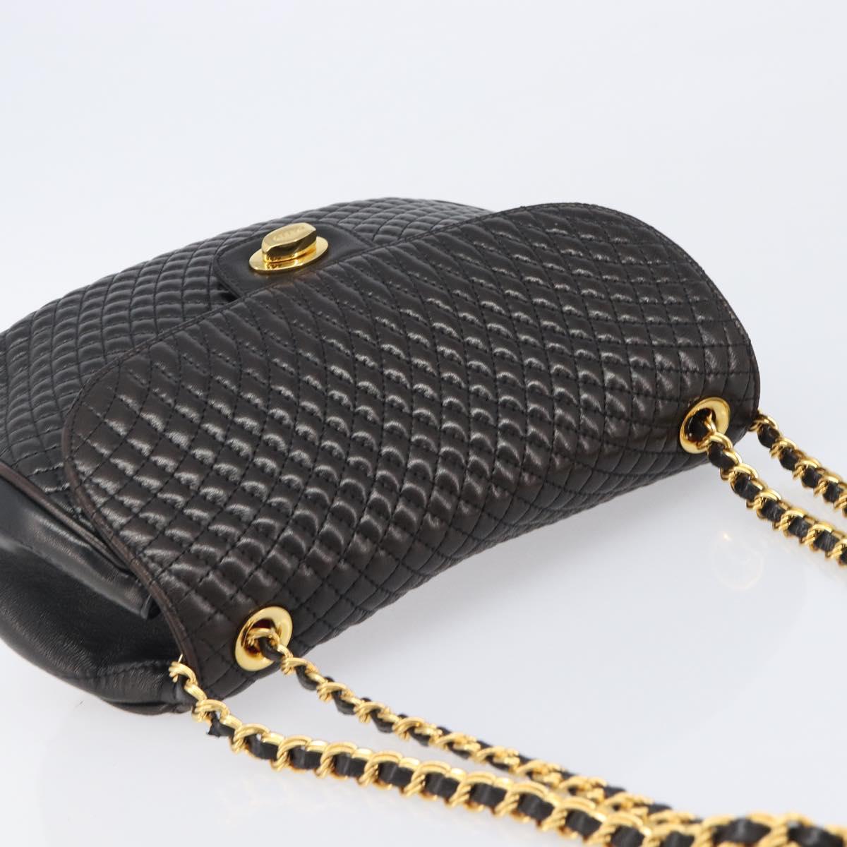 BALLY Chain Shoulder Bag Leather Black Gold Tone Auth BA15535