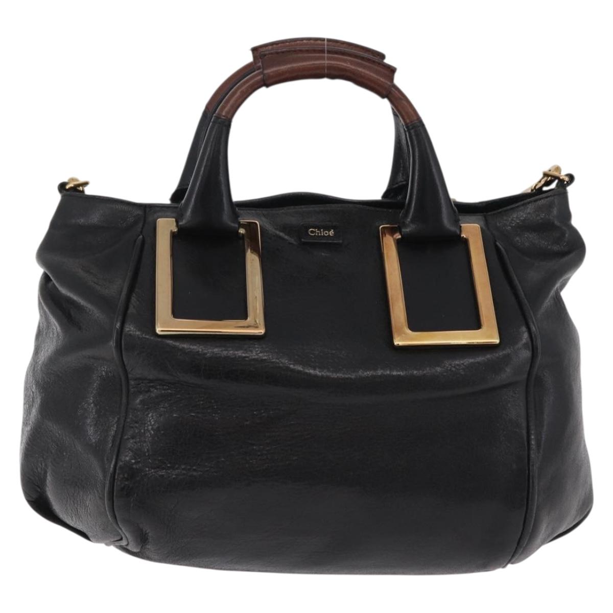 Chloe Etel Hand Bag Leather 2way Black Gold Tone Auth BA15539A