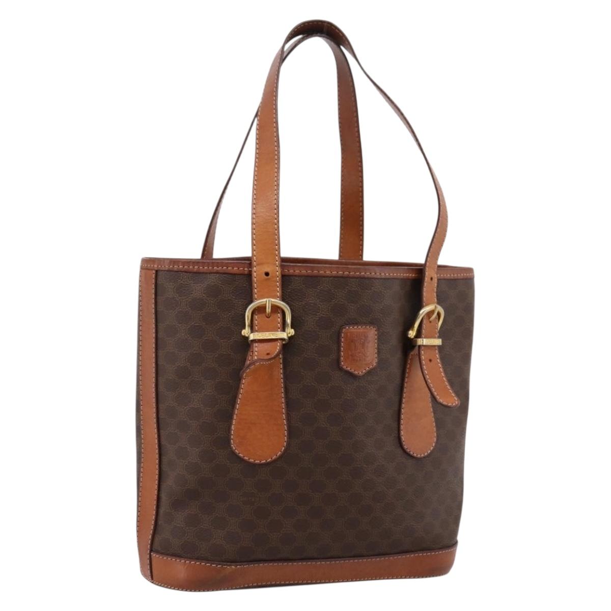 CELINE Macadam Tote Bag PVC Leather Brown Gold Tone Auth BA15551