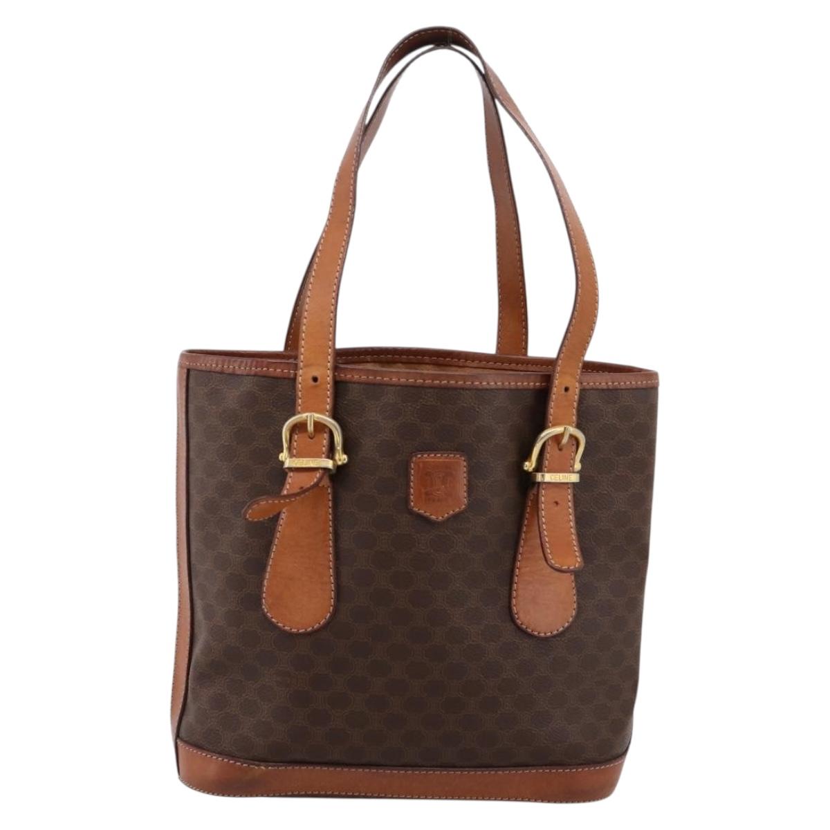 CELINE Macadam Tote Bag PVC Leather Brown Gold Tone Auth BA15551