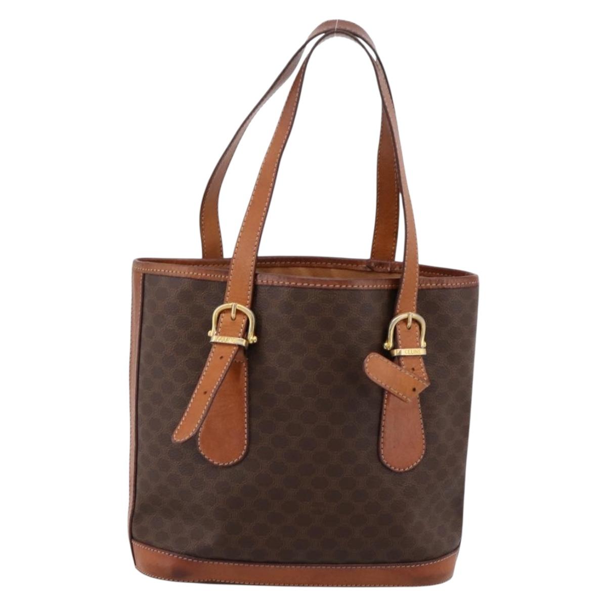 CELINE Macadam Tote Bag PVC Leather Brown Gold Tone Auth BA15551