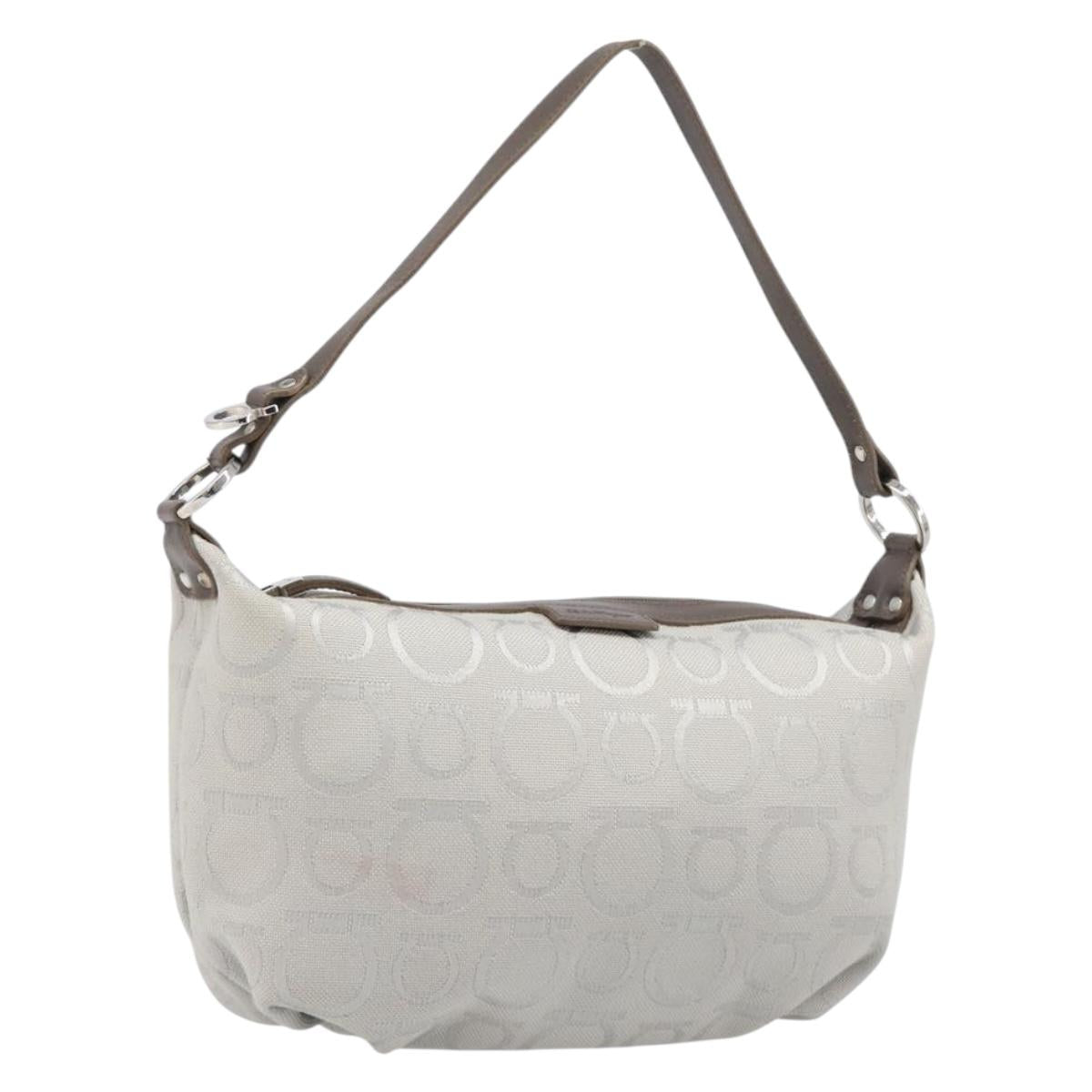Salvatore Ferragamo Gancini Hand Bag Canvas Gray Silver Auth BA15559