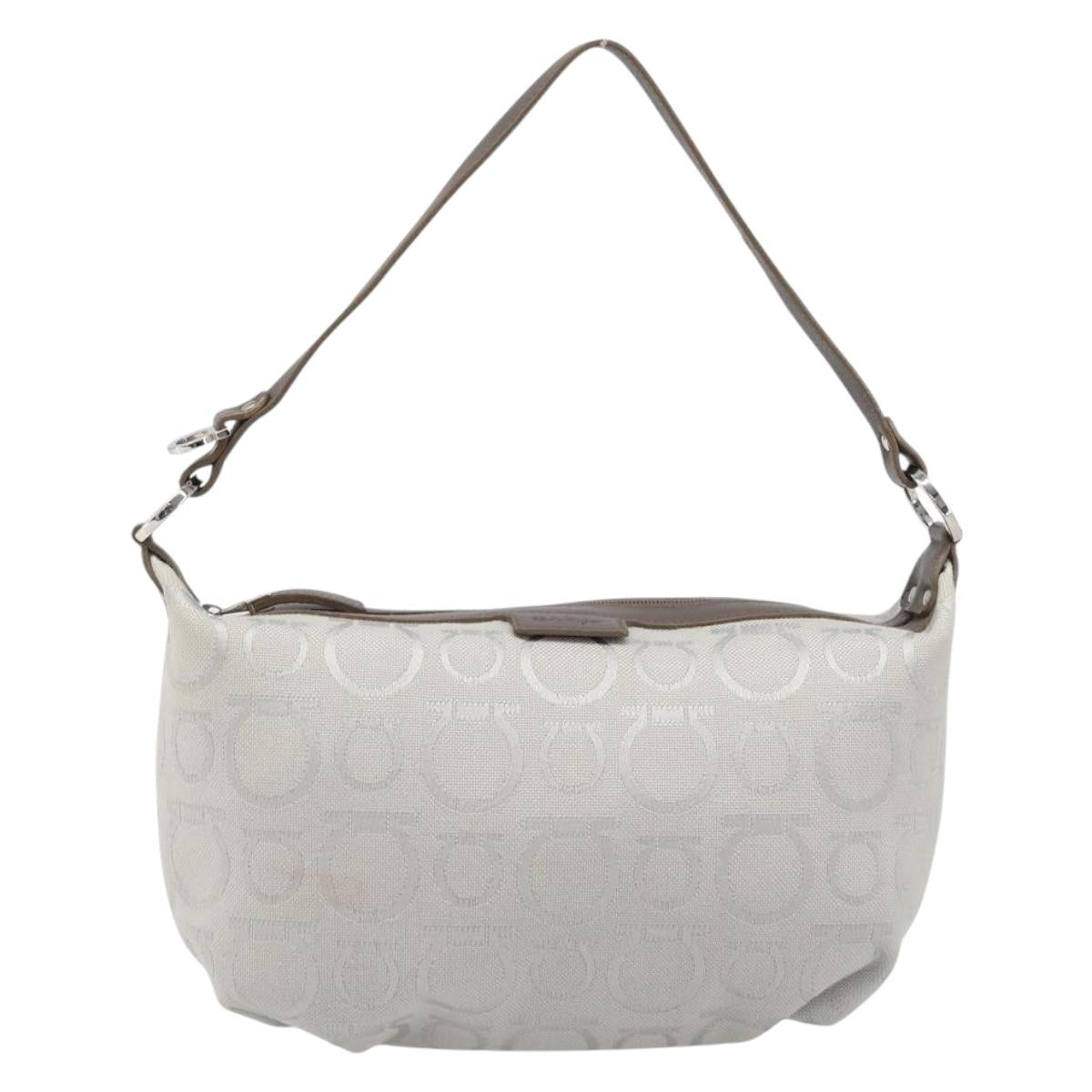 Salvatore Ferragamo Gancini Hand Bag Canvas Gray Silver Auth BA15559