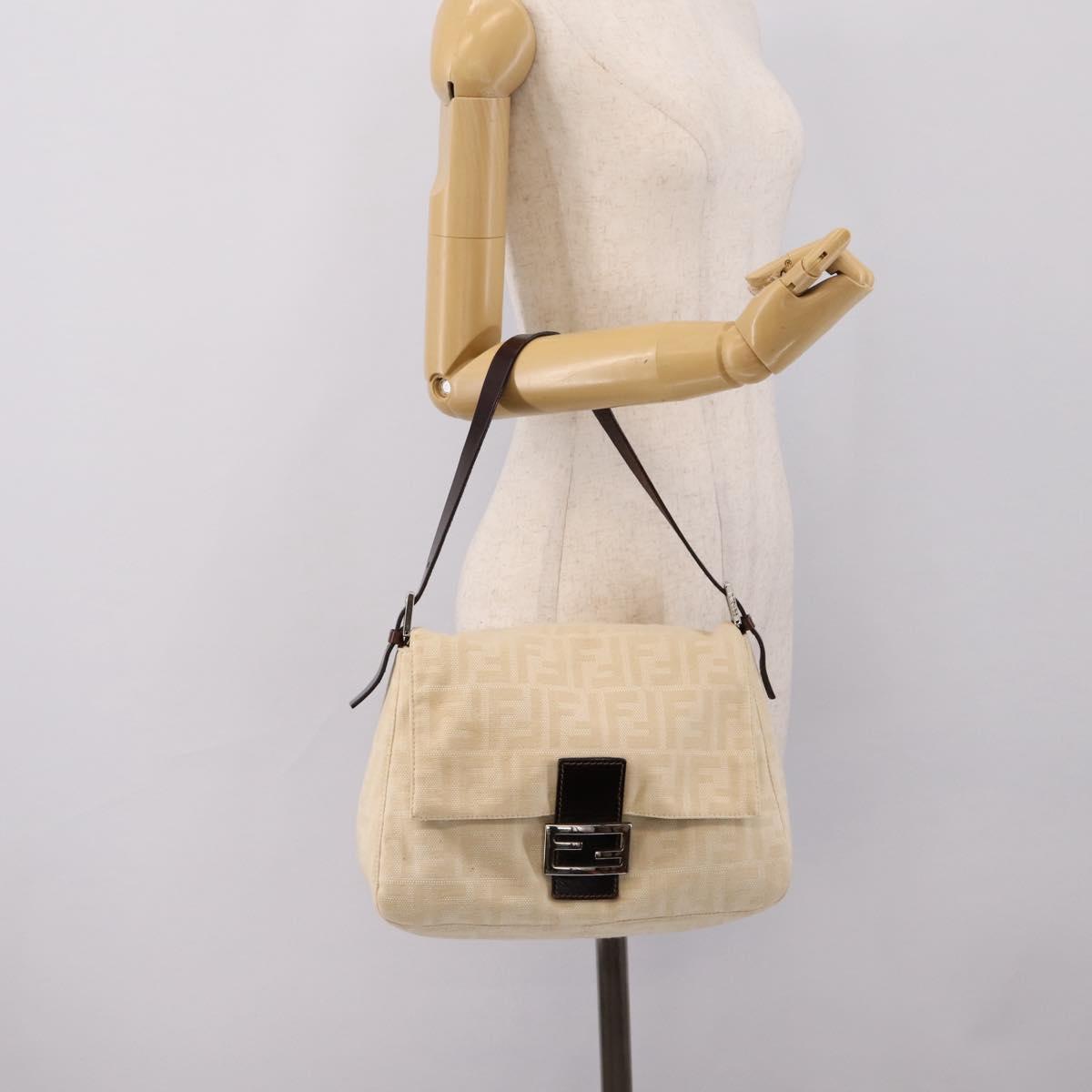 FENDI Zucca Canvas Mamma Baguette Shoulder Bag Beige Silver Auth BA15565A