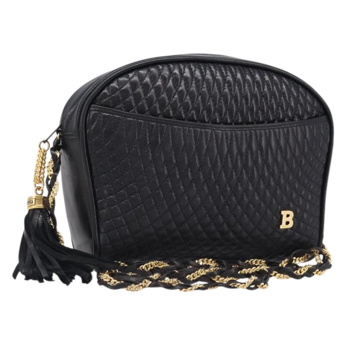 BALLY Chain Shoulder Bag Leather Black Gold Tone Auth BA15568A