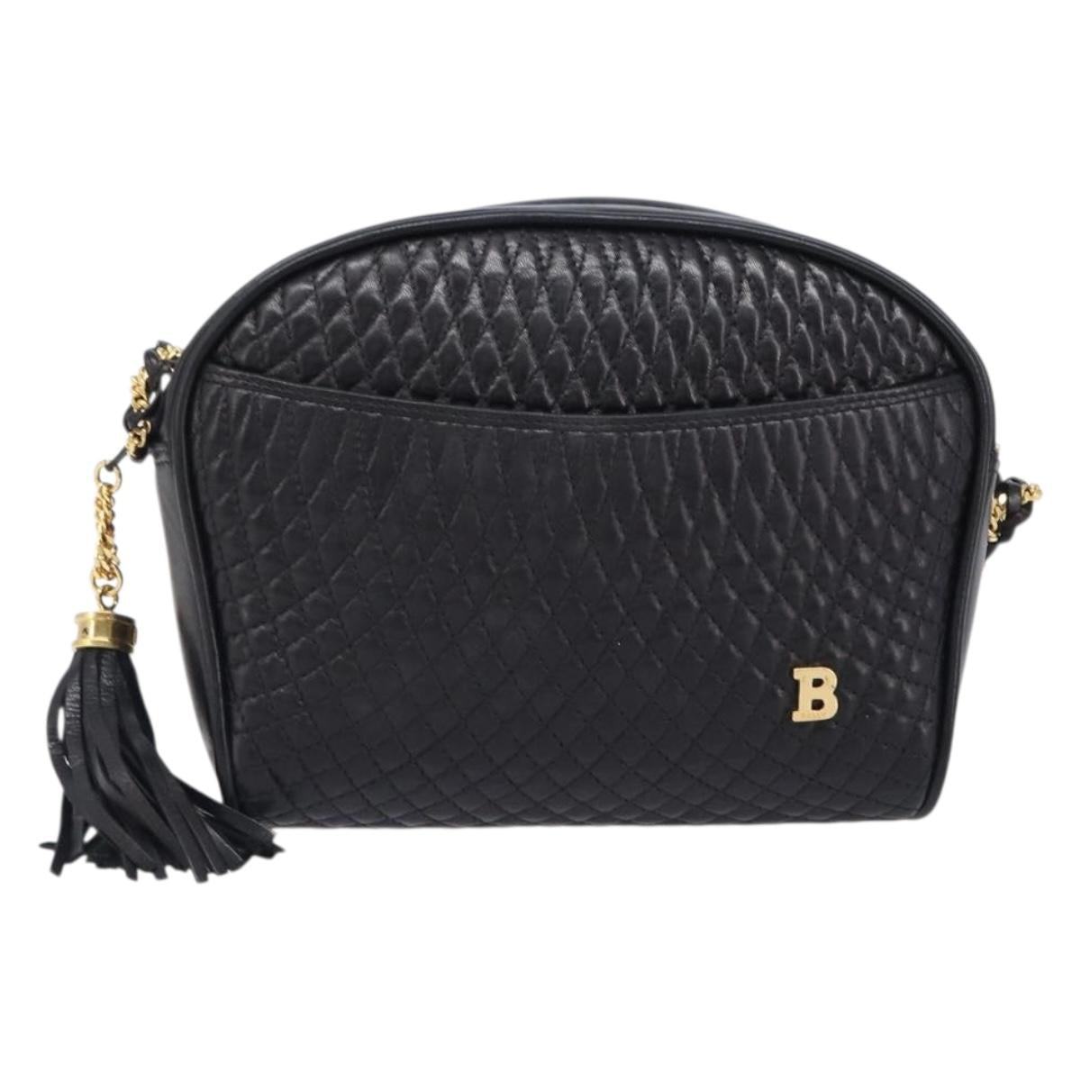 BALLY Chain Shoulder Bag Leather Black Gold Tone Auth BA15568A