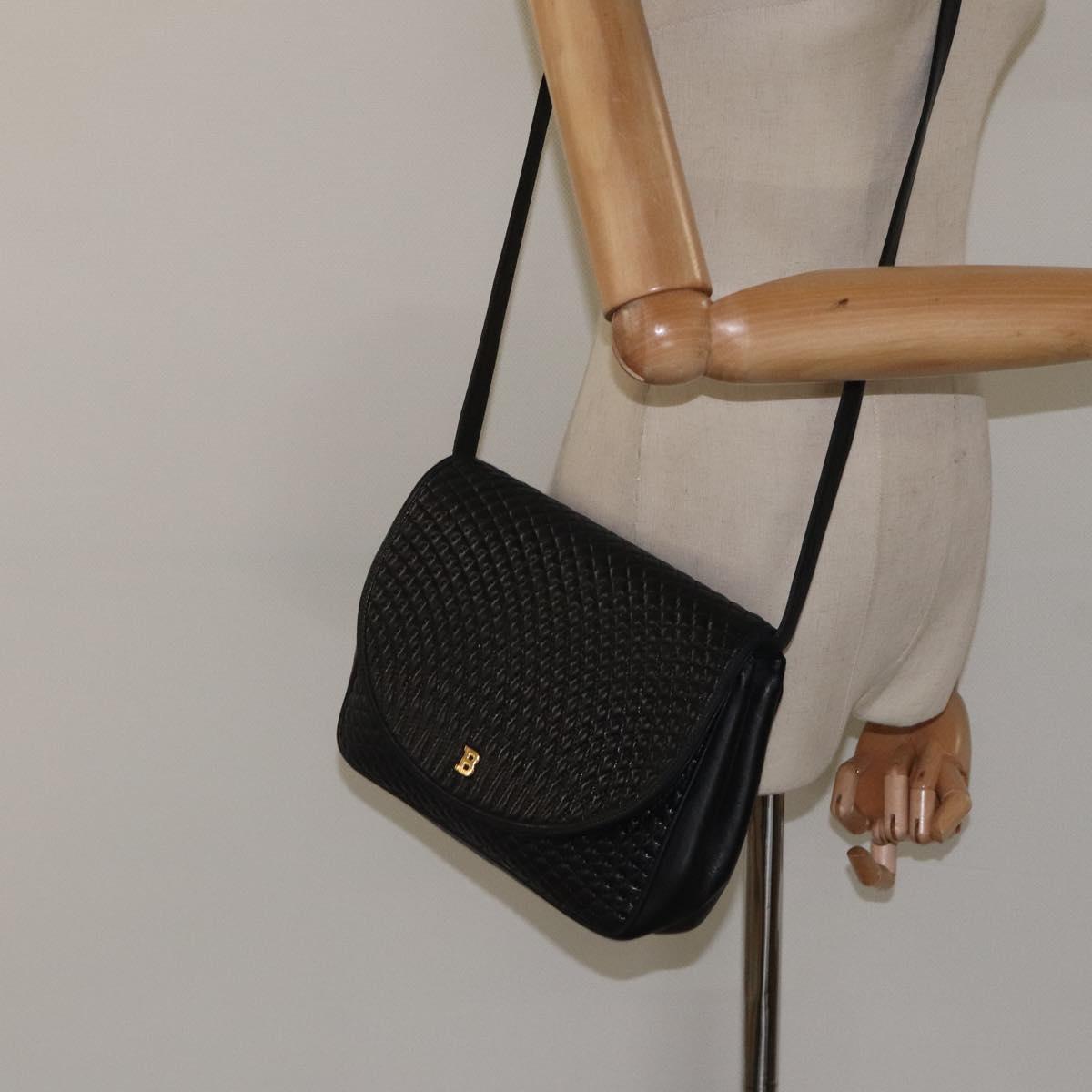BALLY Quilted Shoulder Bag Leather Black Gold Auth BA1557