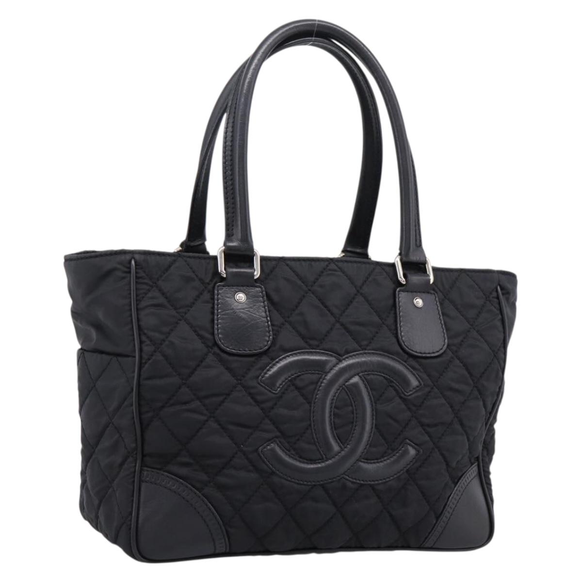 CHANEL Matelasse Hand Bag Nylon Black Silver CC Auth BA15575A