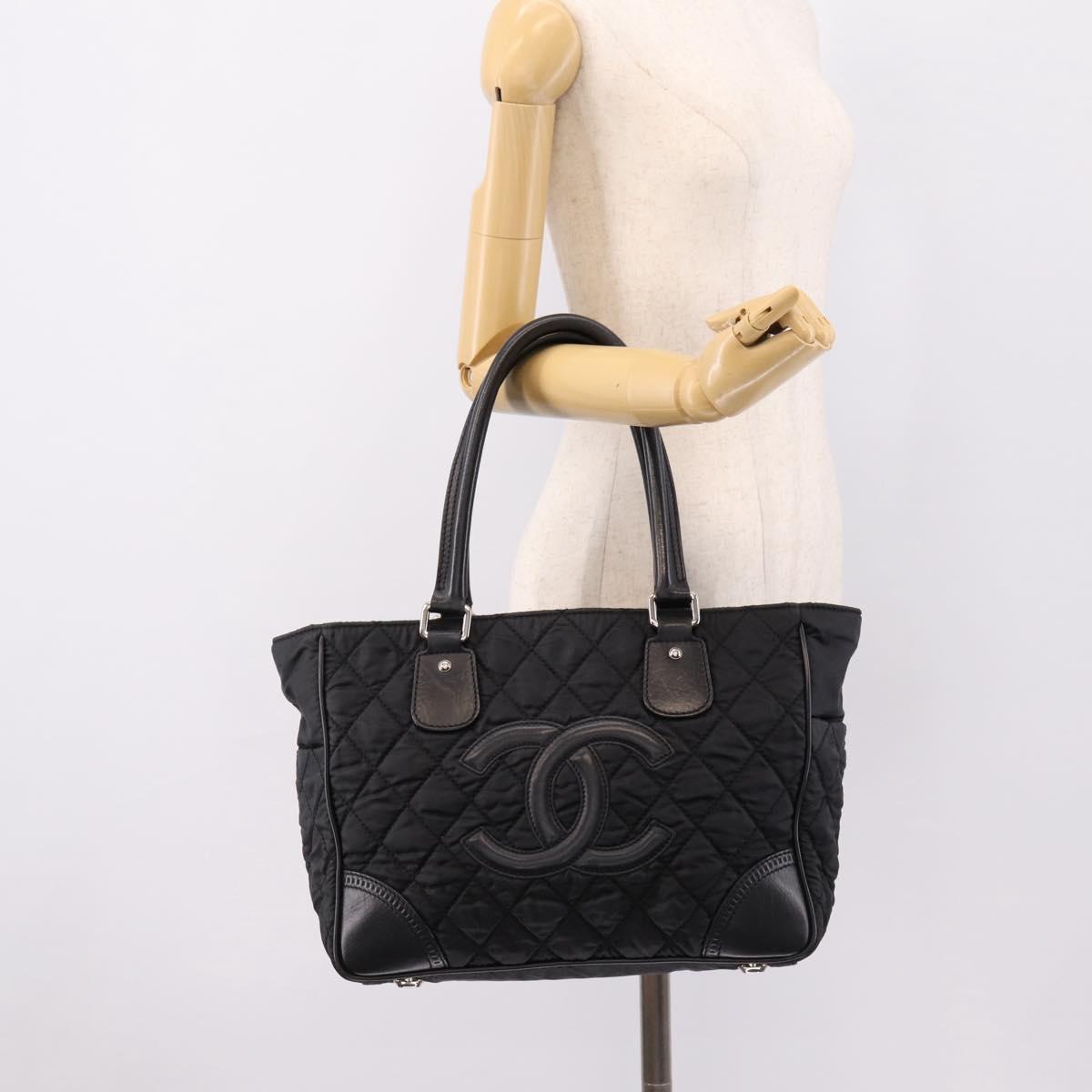CHANEL Matelasse Hand Bag Nylon Black Silver CC Auth BA15575A