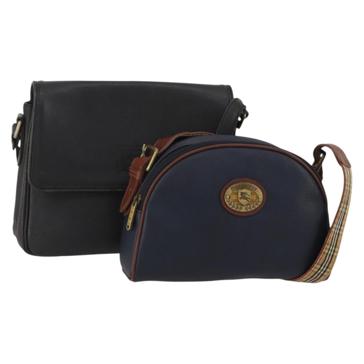 Burberrys Shoulder Bag Leather 2 Set Black Navy Auth BA15578