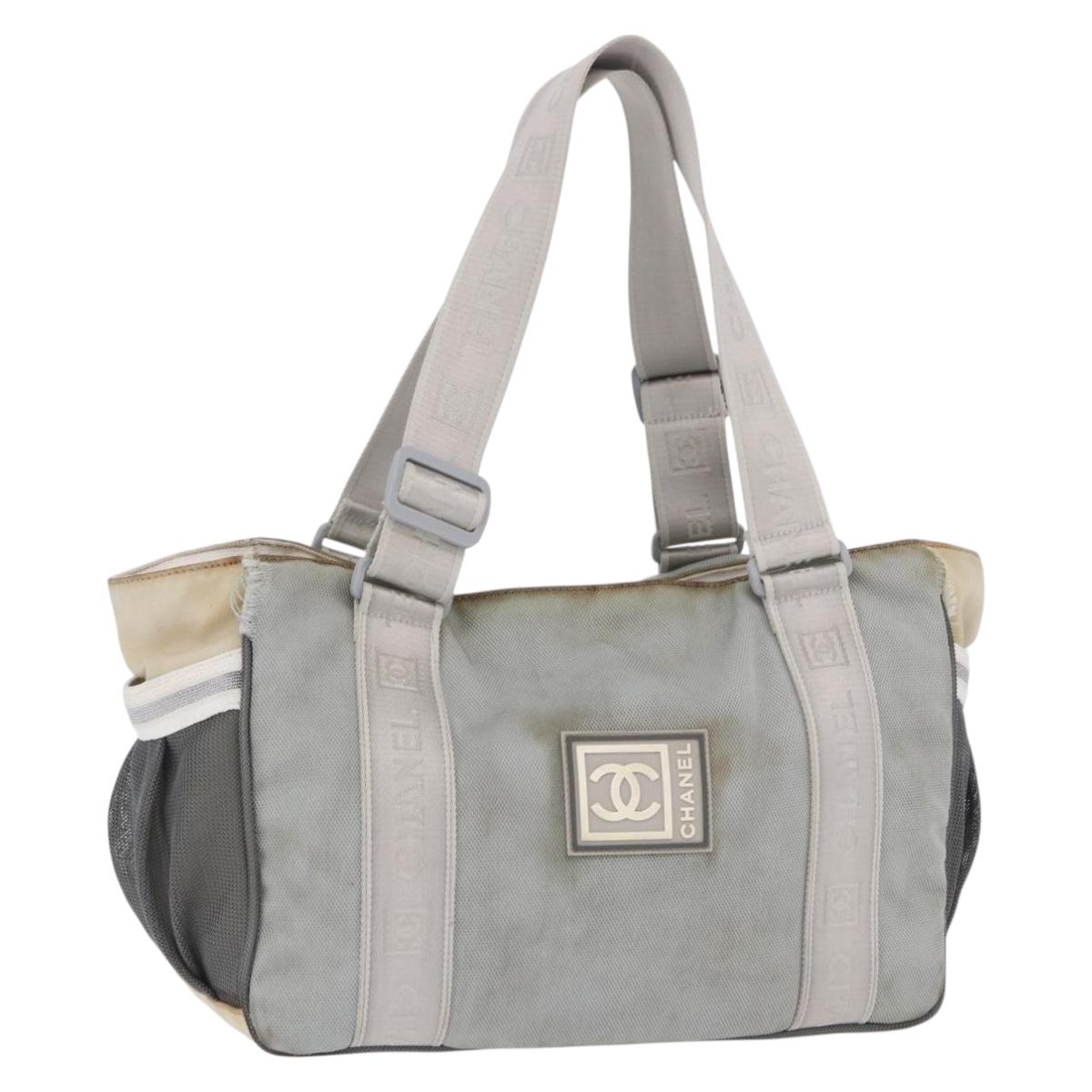 CHANEL Sports Tote Bag Canvas Gray Silver CC Auth BA15608
