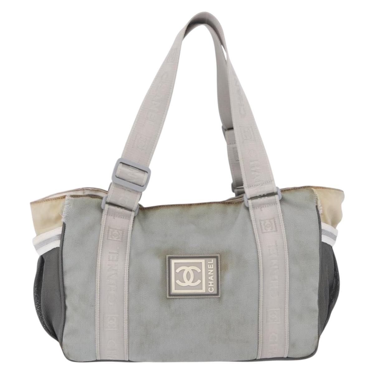 CHANEL Sports Tote Bag Canvas Gray Silver CC Auth BA15608