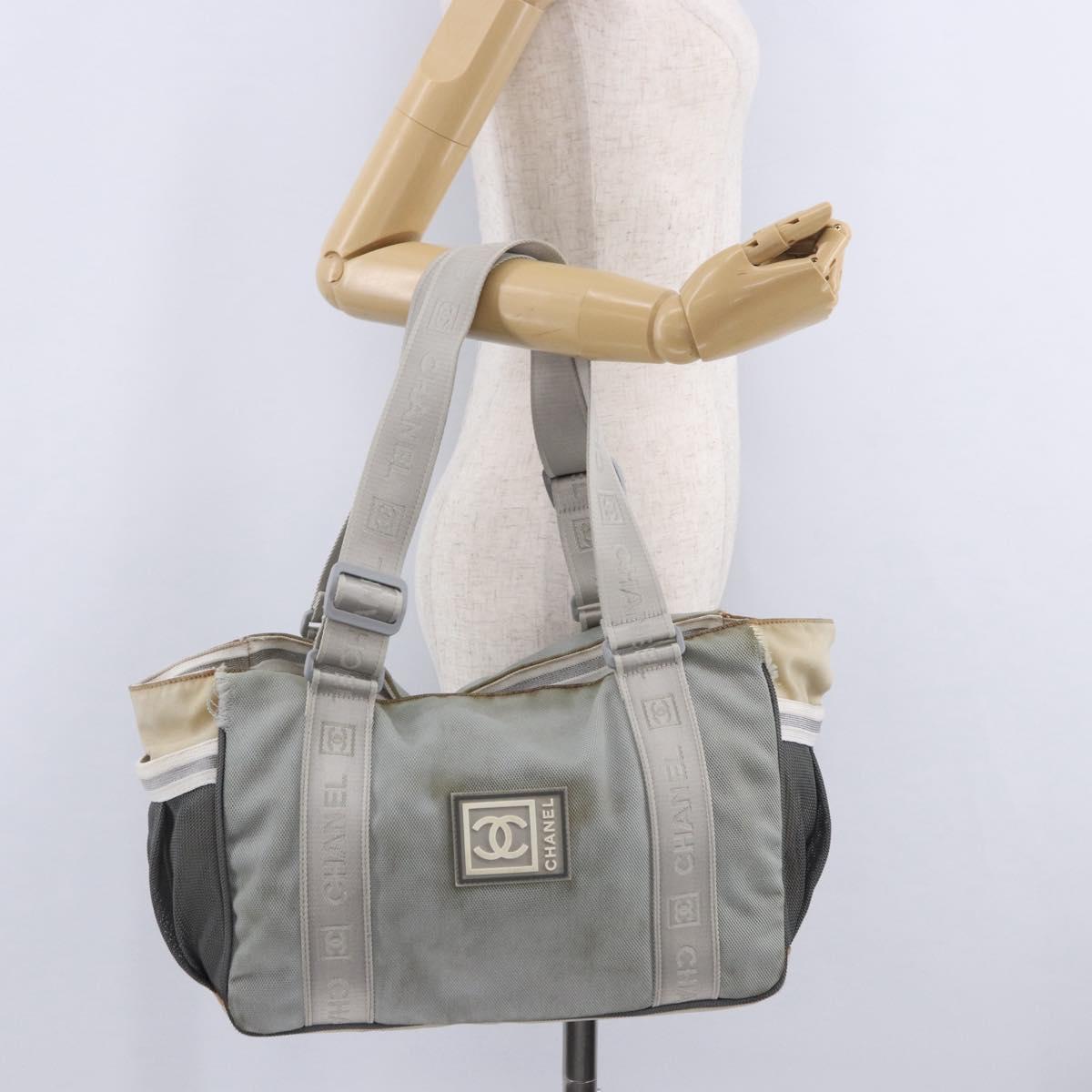 CHANEL Sports Tote Bag Canvas Gray Silver CC Auth BA15608