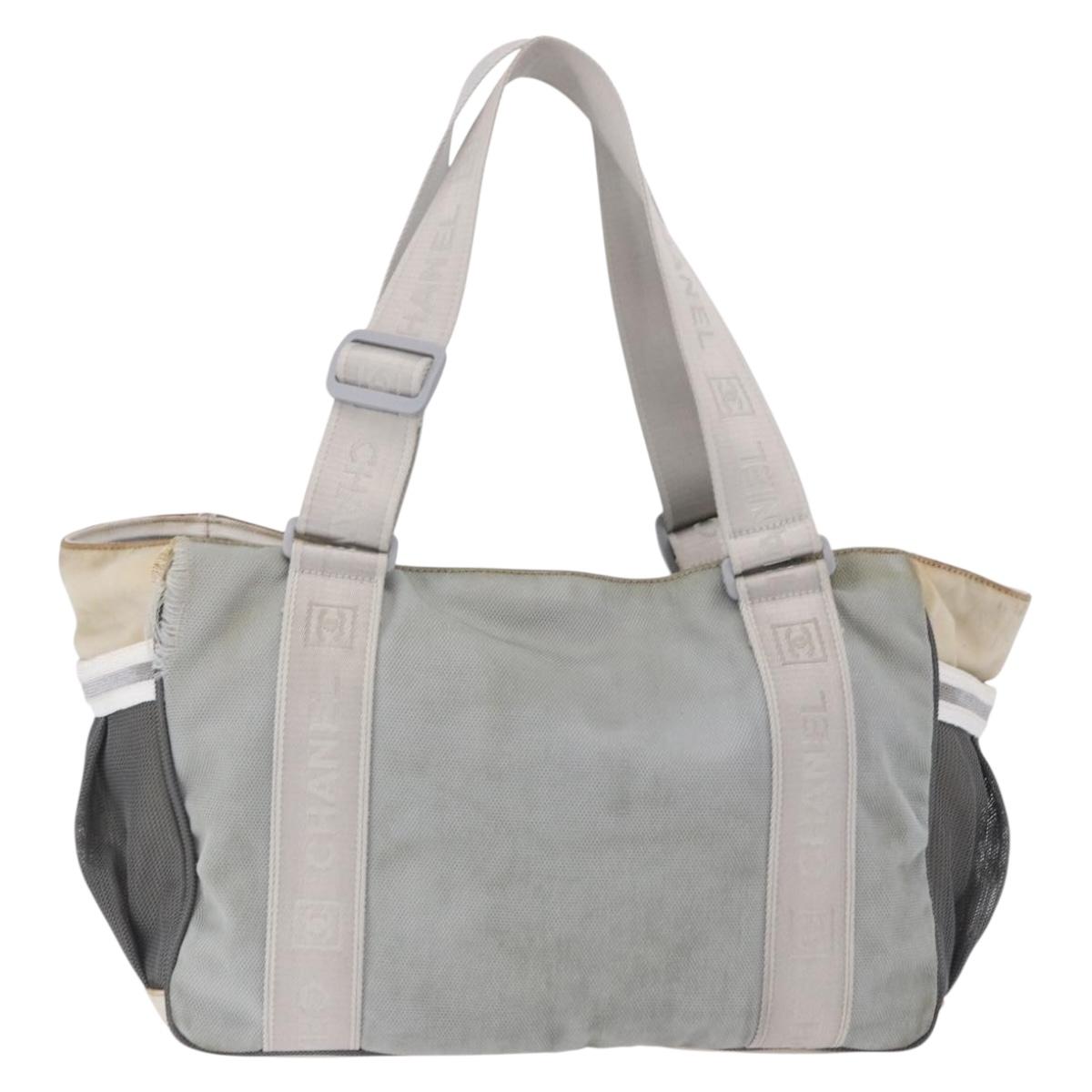CHANEL Sports Tote Bag Canvas Gray Silver CC Auth BA15608
